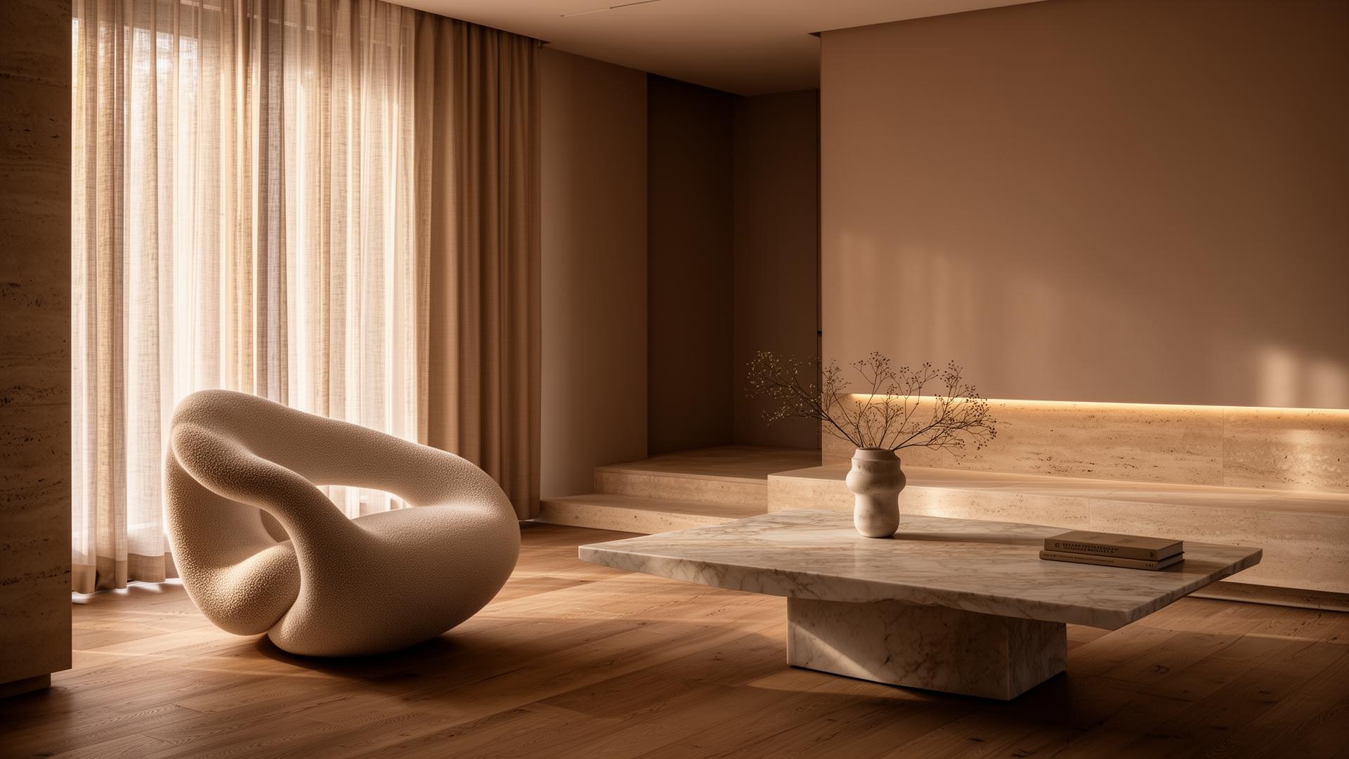 Luxury minimalist living room with travertine and warm beige tones